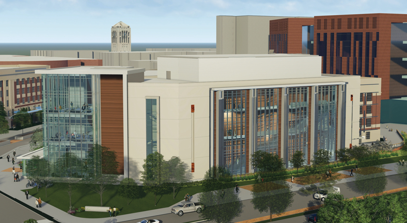 Artist's rendering of exterior of proposed new 100,000-square-foot campus classroom building.