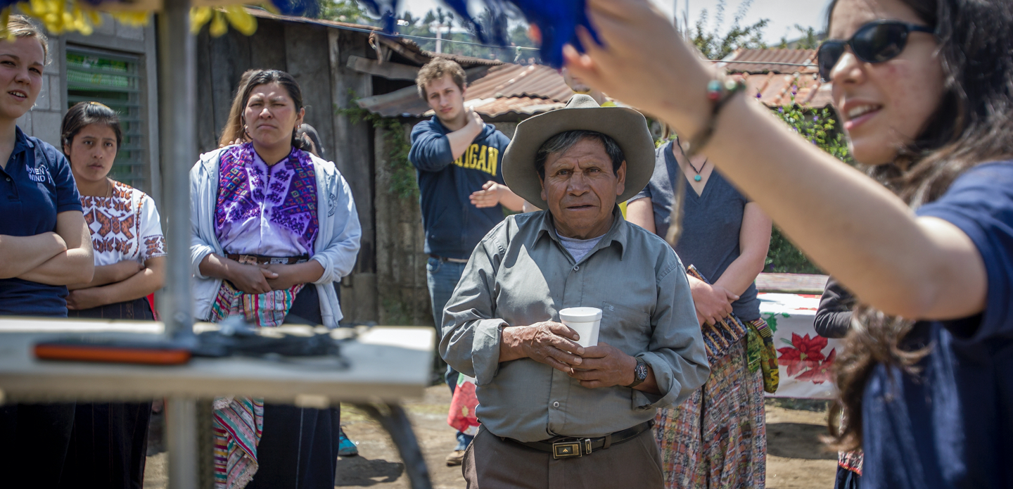 U-M BLUElab students talk about sustainable technologies to townspeople in Guatemala.