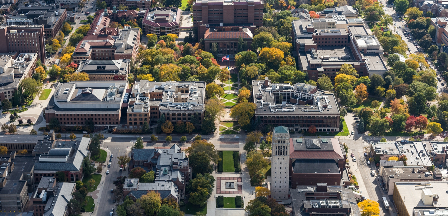 An aerial shot of the UM-Ann Arbor campus, showing Burton Tower, the Diag and the surrounding buildings.