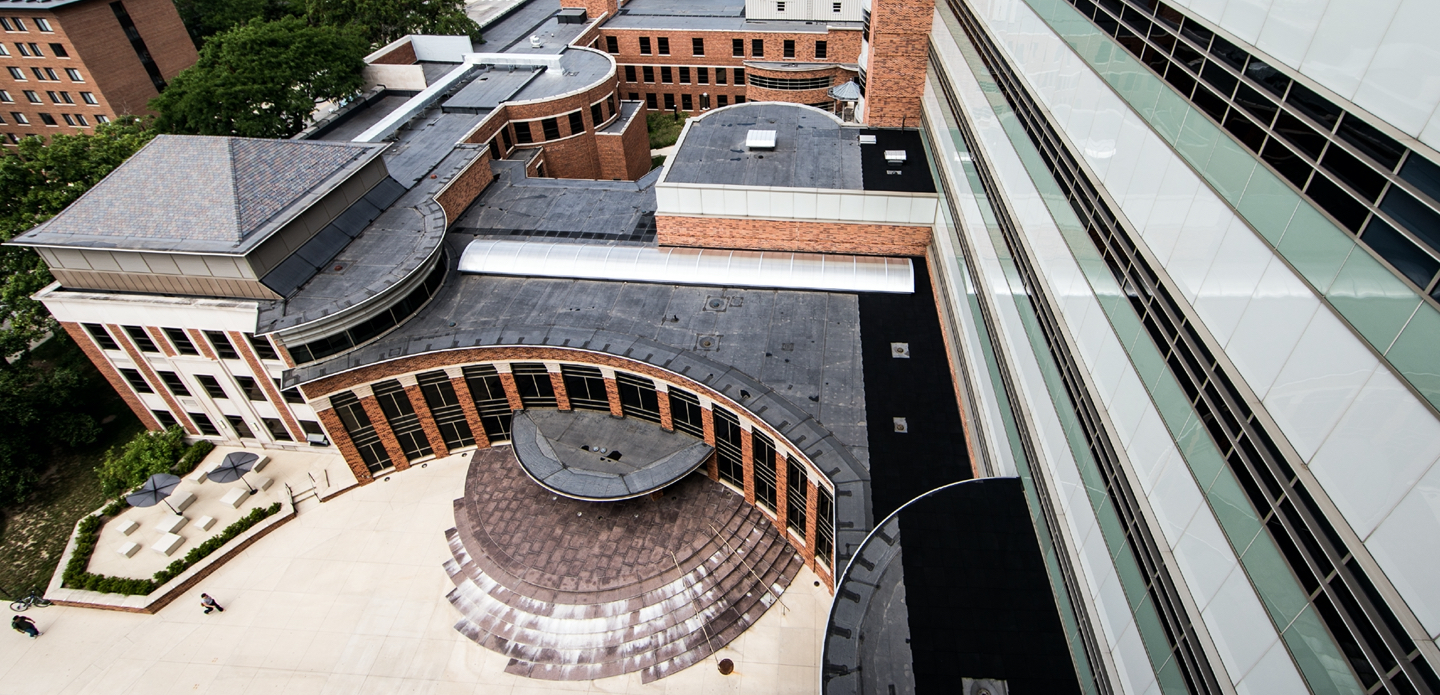 An aerial shot of the rooftops of the School of Public Health complex.